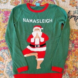 Green 'Namasleigh' Yoga Santa Sweater Size Small